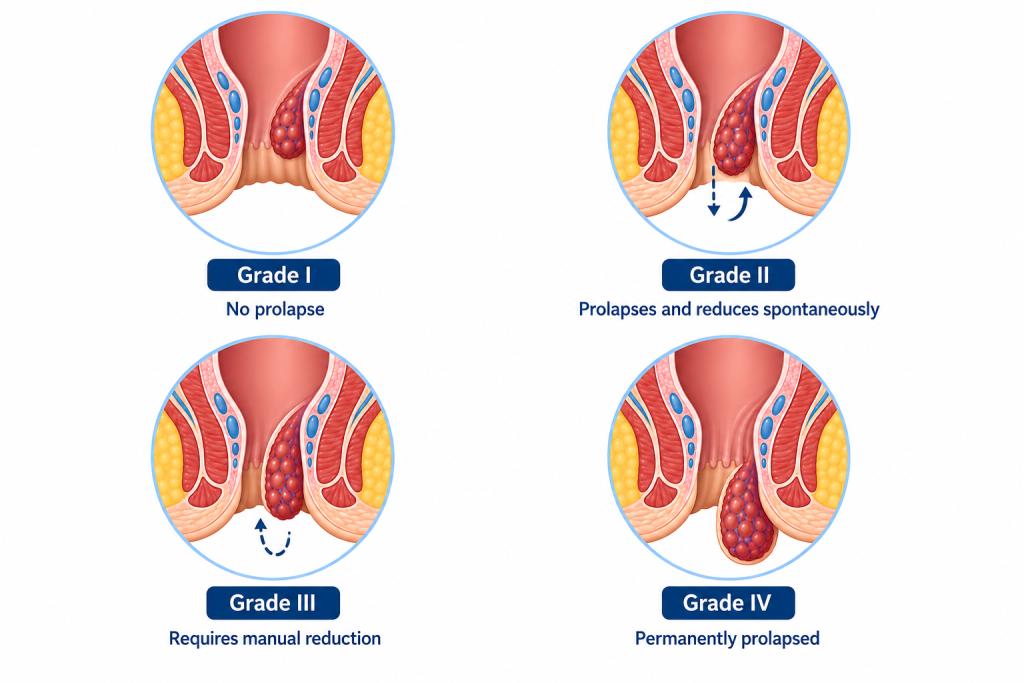 Medical diagram showing Grades I to IV internal haemorrhoids, from no prolapse to prolapse that cannot be pushed back inside.