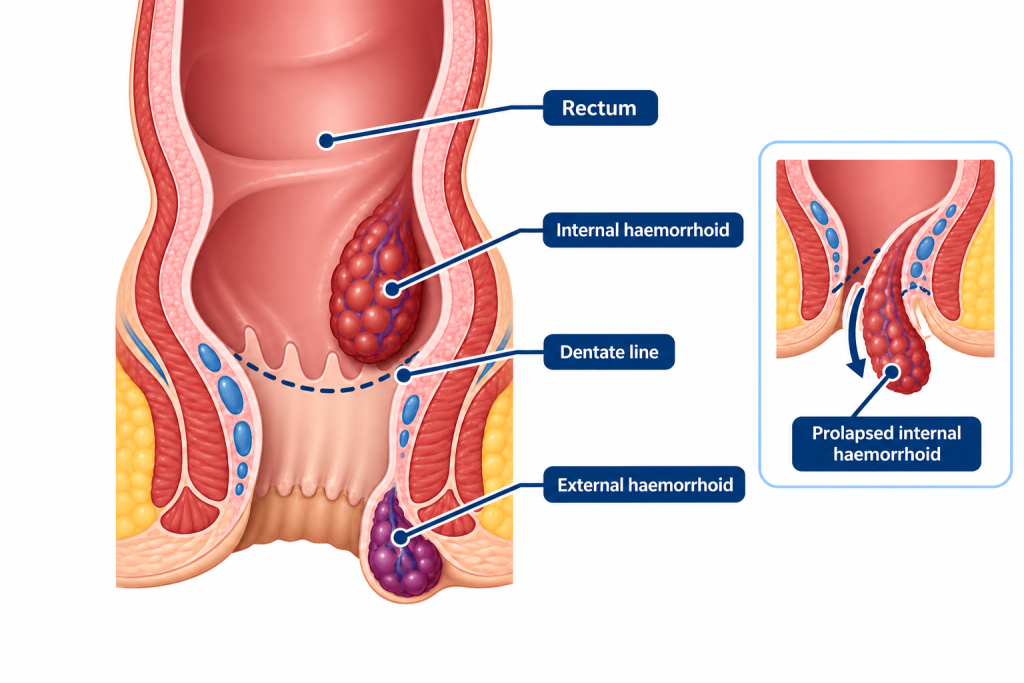 Illustration of internal and external haemorrhoids, a common cause of rectal bleeding.
